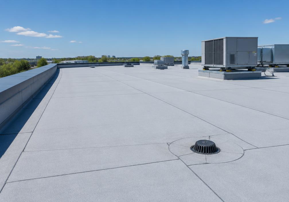Illustrative commercial membrane roof with a visible drain