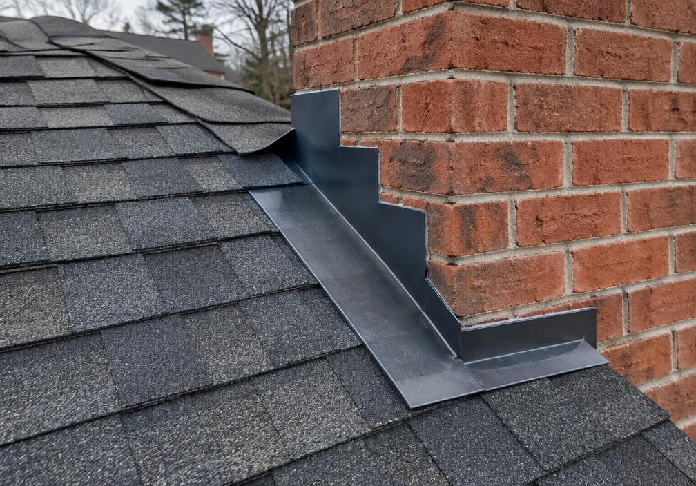 Illustrative shingle roof and metal flashing beside a brick chimney